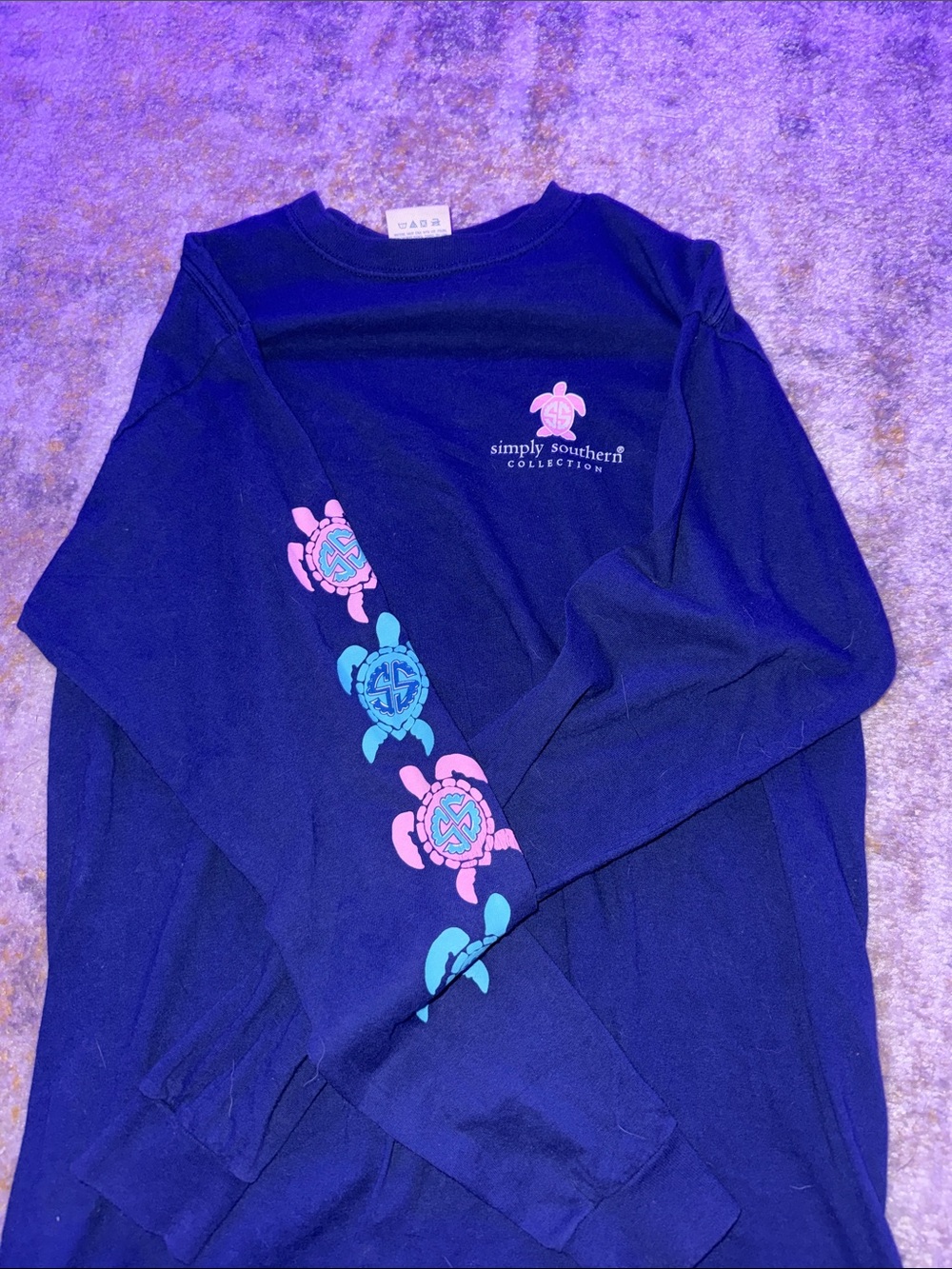 Simply Southern Navy Long Sleeve Tee with Pink & Blue Turtle Sleeve